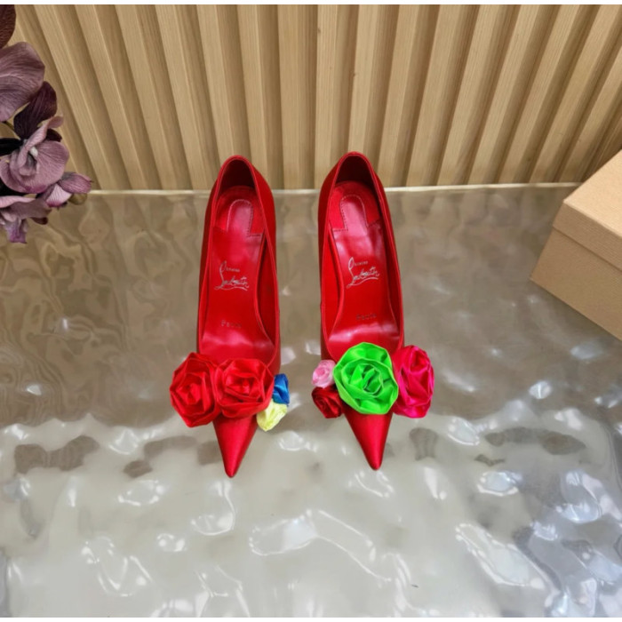 Christian Louboutin Red Satin Multicolor Fabric Flower 100mm Stiletto Heel Pumps