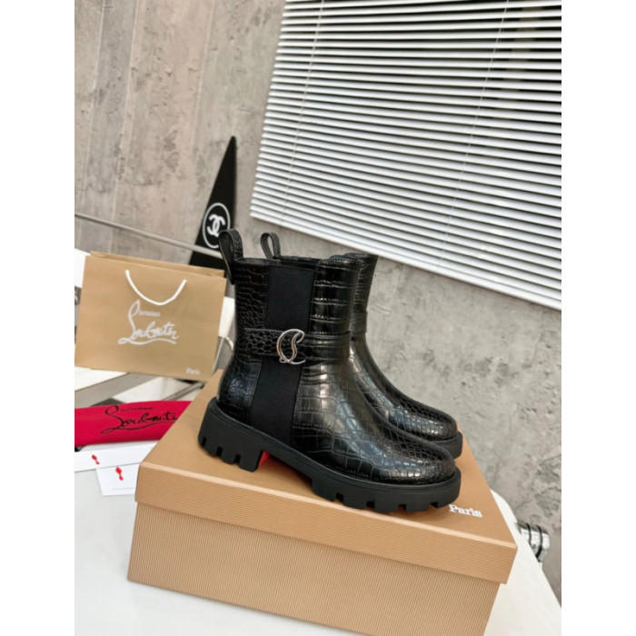Christian Louboutin Black Croc‑Embossed CL‑Buckle Chelsea Lug‑Sole Ankle Boots