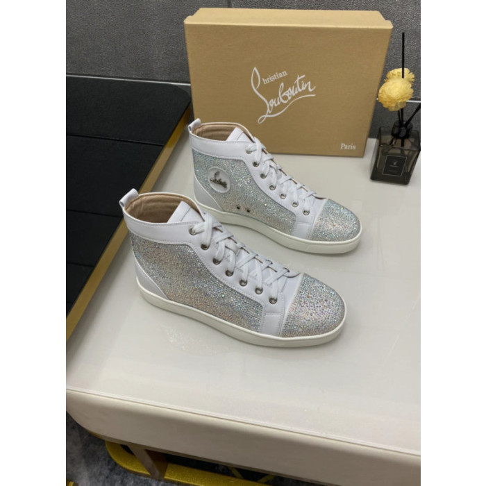 Christian Louboutin White Leather Crystal‑Embellished High‑Top Sneakers
