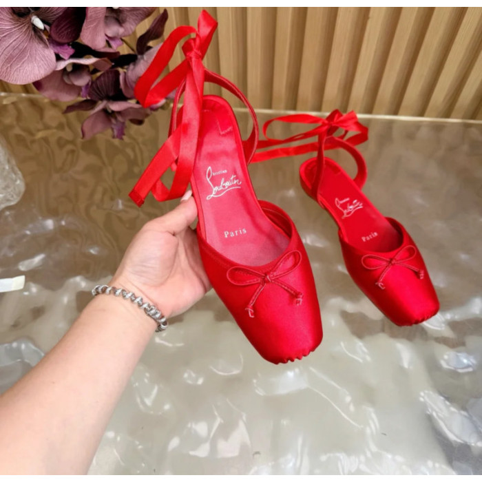 Christian Louboutin Red Satin Bow Ankle‑Tie Slingback Ballet Flats