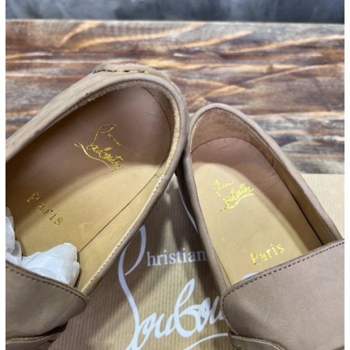 Christian Louboutin Taupe Nubuck Metal‑Bar Slip‑On Loafers