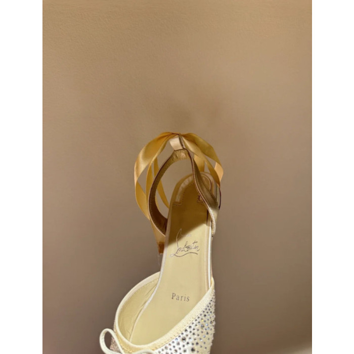 Christian Louboutin Gold Satin Crystal Tie‑Ankle Ballet Flats