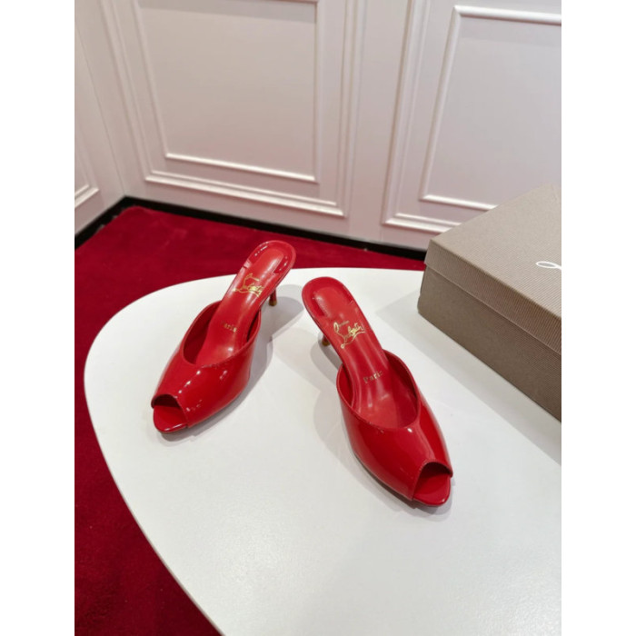 Christian Louboutin Red Patent Peep‑Toe Kitten Heel Mules