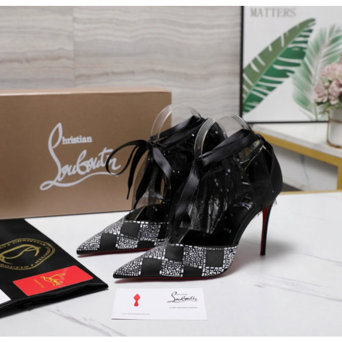 Christian Louboutin Black Satin Checkerboard Crystal Tulle Ruffle 100mm Stiletto Heel Pumps