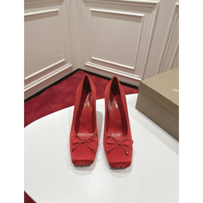 Christian Louboutin Red Satin Bow 100mm Square Toe Stiletto Pumps