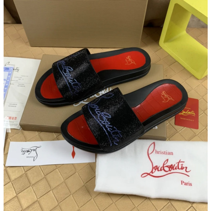 Christian Louboutin Black Slide Sandals With Blue Crystal Logo
