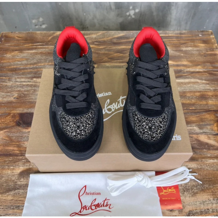 Christian Louboutin Black Suede Silver Glitter Spiked Platform Low‑Top Sneakers