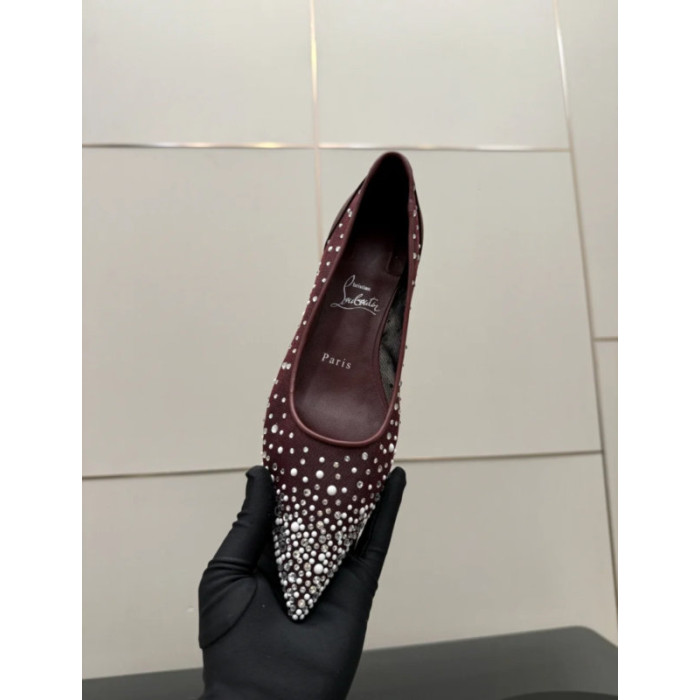 Christian Louboutin Burgundy Mesh Crystal‑Embellished Pointed‑Toe Flat Pumps