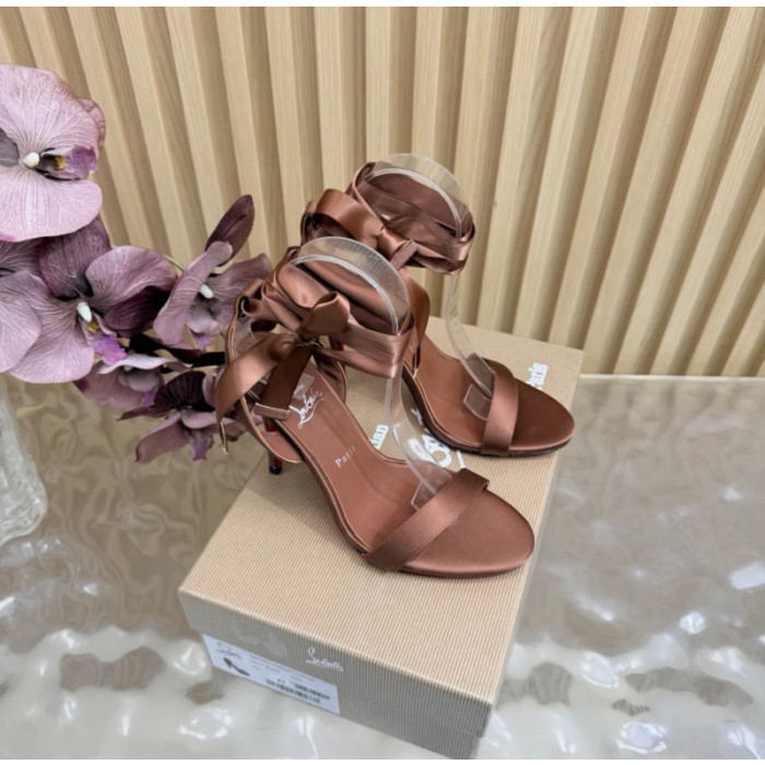 Christian Louboutin Brown Satin 100mm Ankle‑Wrap Tie Stiletto Sandals