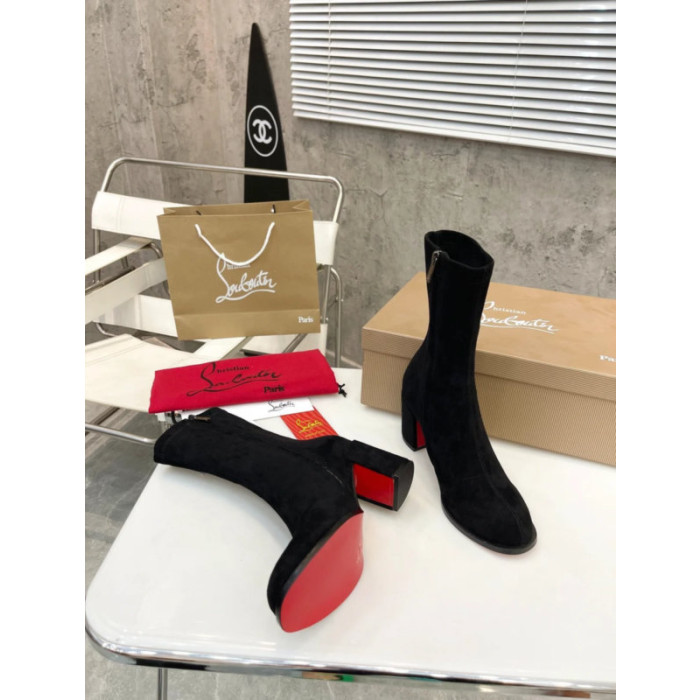 Christian Louboutin Black Suede Side‑Zip Block‑Heel Ankle Boots 85mm heel