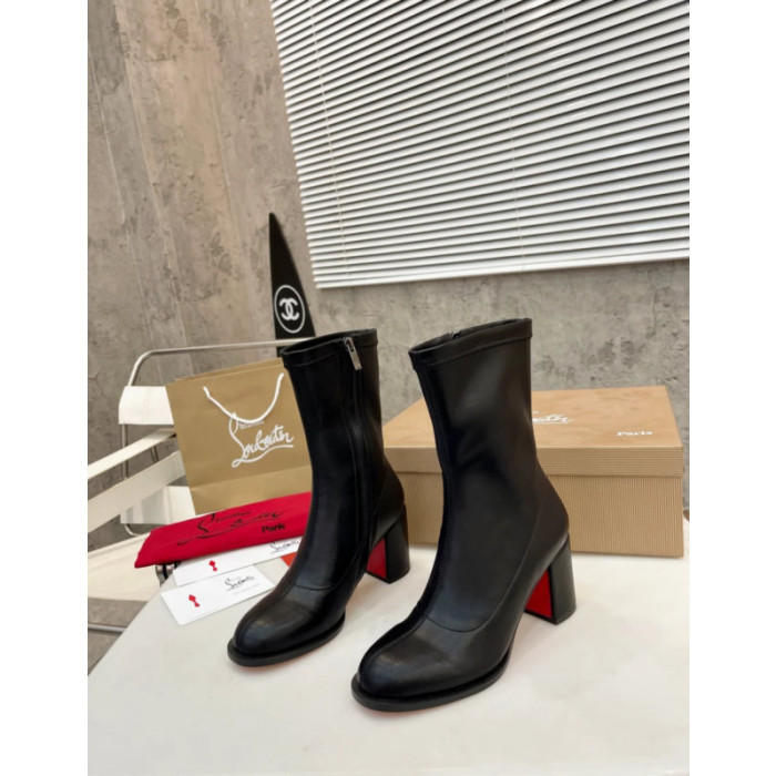 Christian Louboutin Black Stretch‑Leather Side‑Zip Block‑Heel Ankle Boots 85mm heel