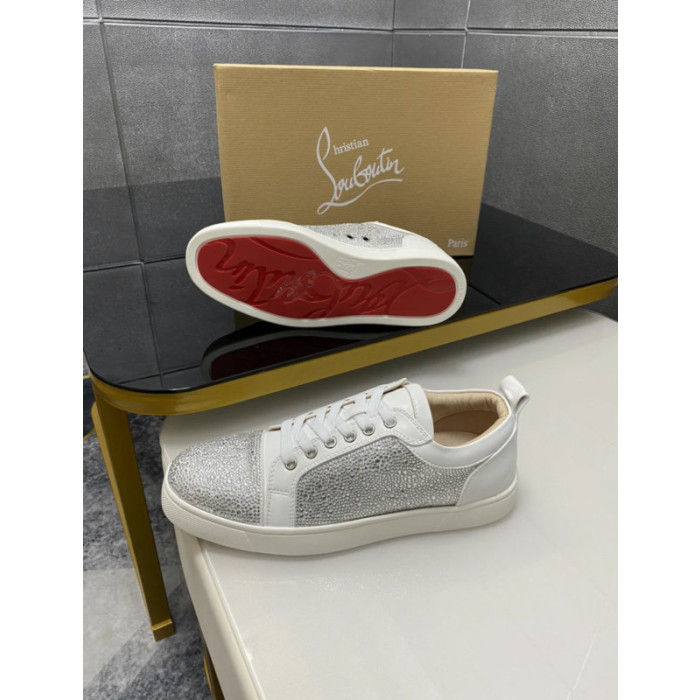 Christian Louboutin White Leather Silver Crystal‑Encrusted Low‑Top Sneakers