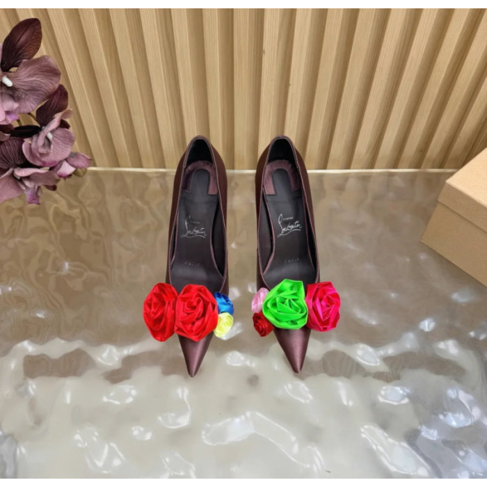 Christian Louboutin Burgundy Satin Multicolor Fabric Flower 100mm Stiletto Heel Pumps