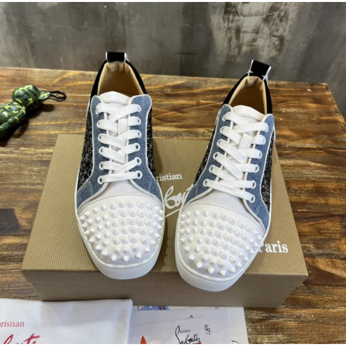 Christian Louboutin Denim Mixed‑Media Crystal Spike Low‑Top Sneakers