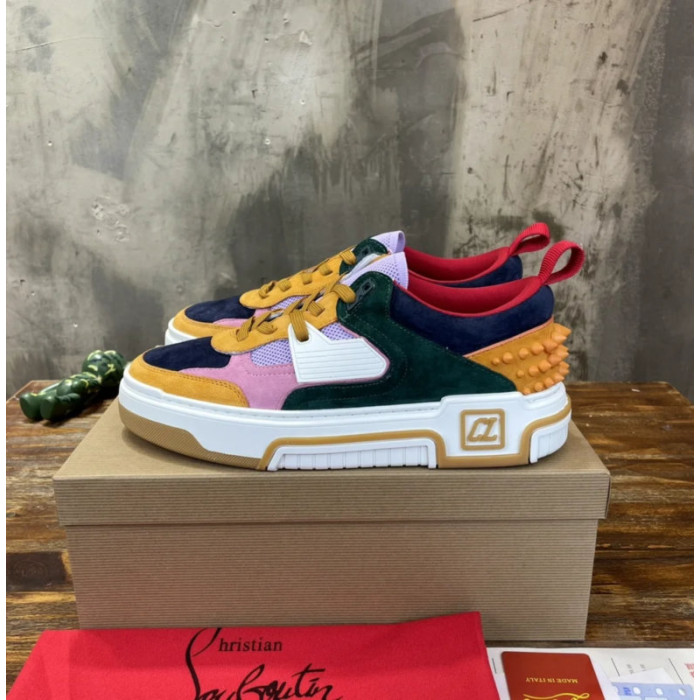 Christian Louboutin Retro Multi‑Tone Suede Mesh Spiked Chunky Low‑Top Sneakers