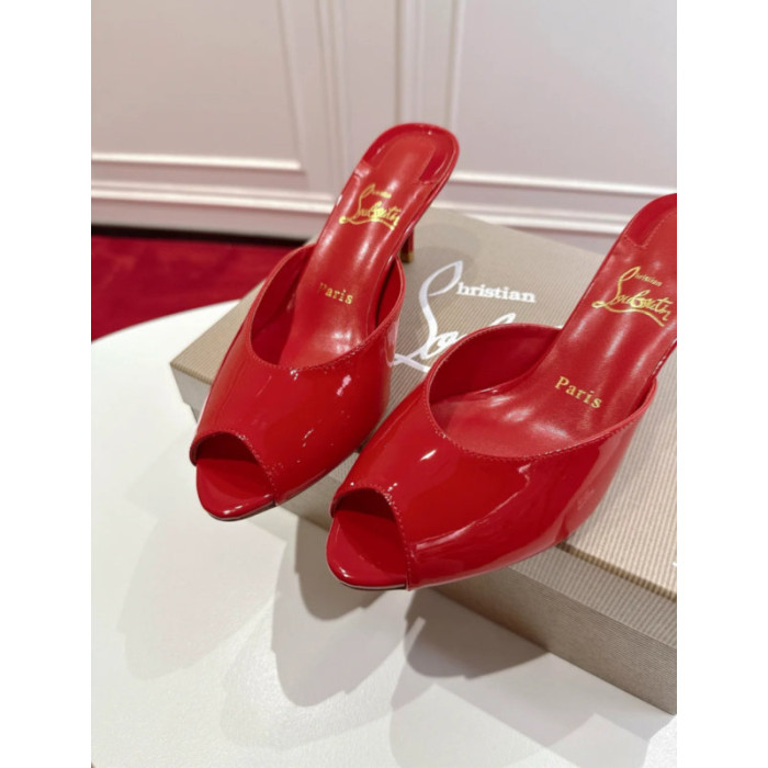 Christian Louboutin Red Patent Peep‑Toe Kitten Heel Mules
