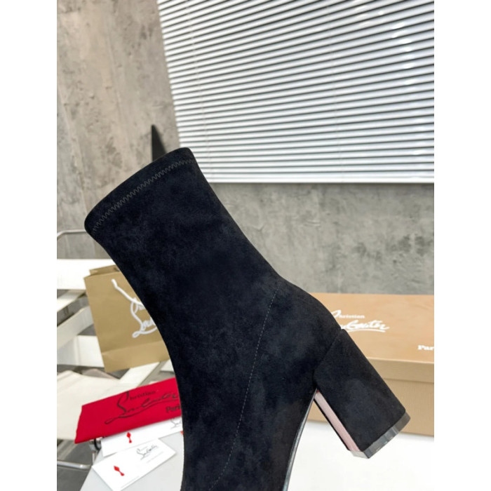 Christian Louboutin Black Suede Side‑Zip Block‑Heel Ankle Boots 85mm heel