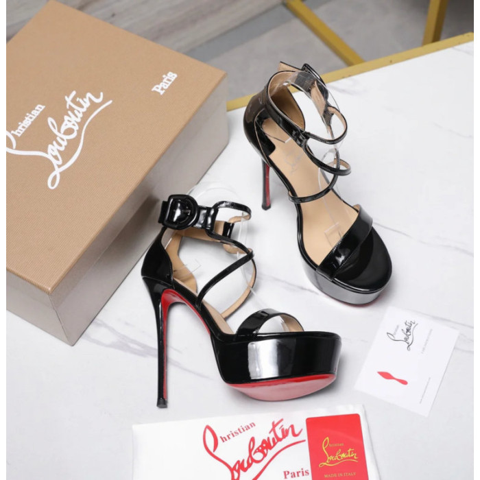 Christian Louboutin Black Patent 150mm Crisscross Ankle‑Strap Platform Heel Sandals