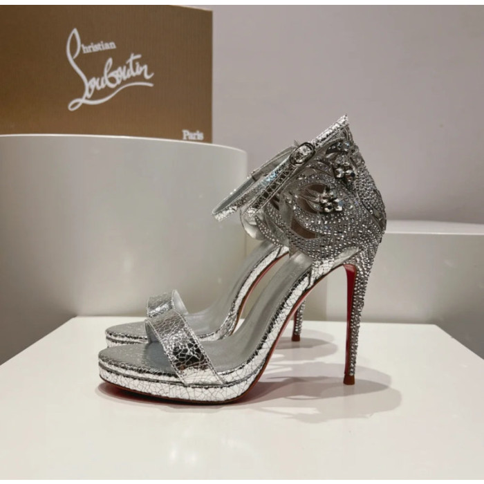 Christian Louboutin Silver Crackled Leather Crystal 120mm Platform Heel Sandals