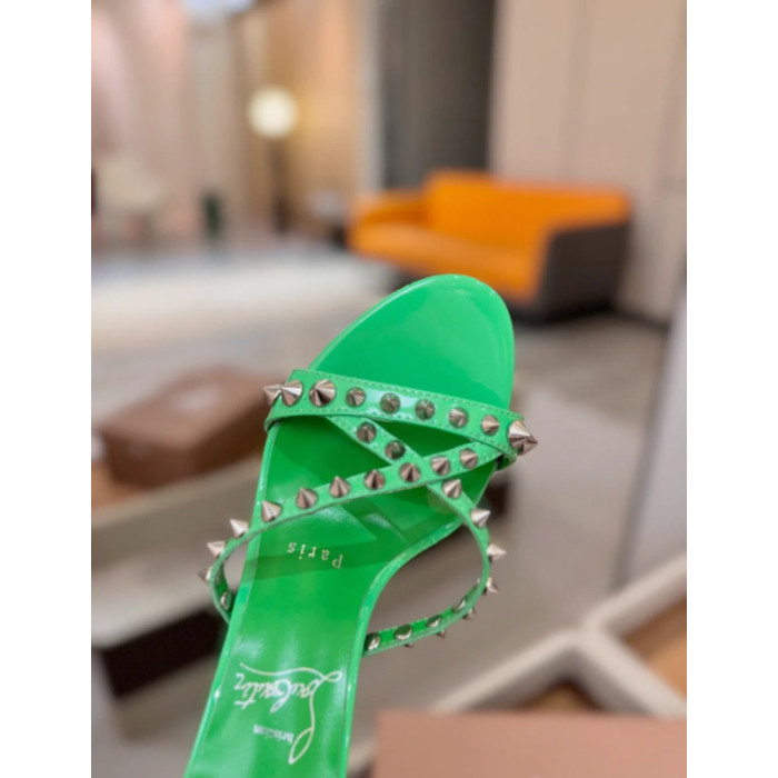 Christian Louboutin Green Patent Leather 100mm heel Silver‑Spiked Mule High‑Heel Sandals