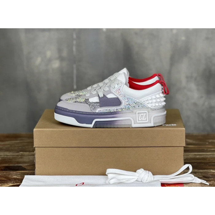Christian Louboutin White Grey Purple Glitter Studded Low‑Top Sneakers