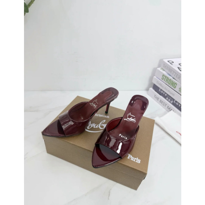 Christian Louboutin Burgundy Patent 85mm Pointed‑Toe Mule Heels