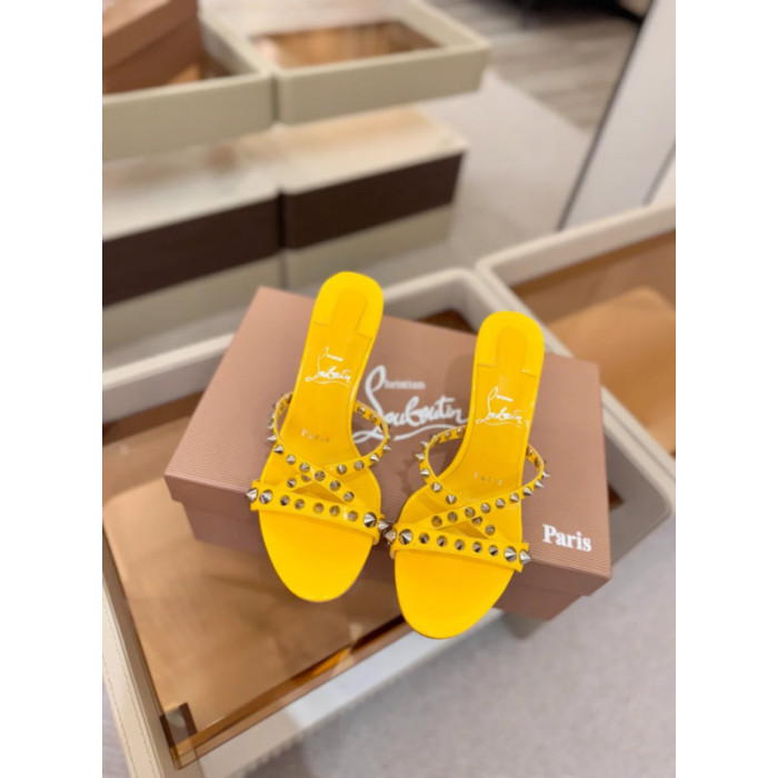 Christian Louboutin Yellow Patent Leather 100mm heel Silver‑Spiked Mule High‑Heel Sandals