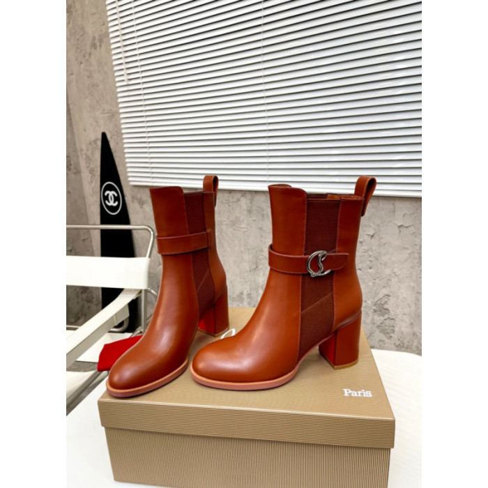 Christian Louboutin Cognac Leather 85mm Block‑Heel Chelsea Ankle Boots with CL Buckle