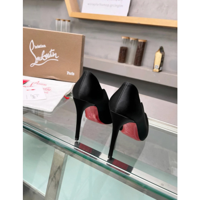 Christian Louboutin Black Satin Scalloped Pointed‑Toe 100mm High Heel Pumps
