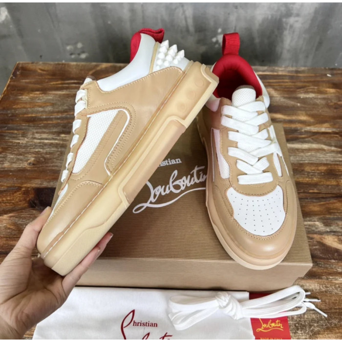 Christian Louboutin Beige White Mixed‑Media Spiked Low‑Top Sneakers