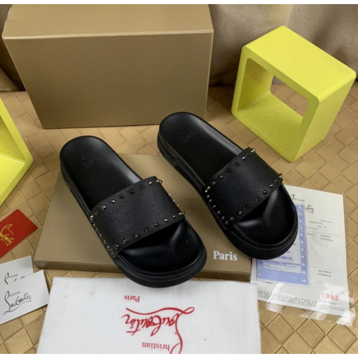 Christian Louboutin Black Grain‑Leather Spiked Flat Slide Sandals