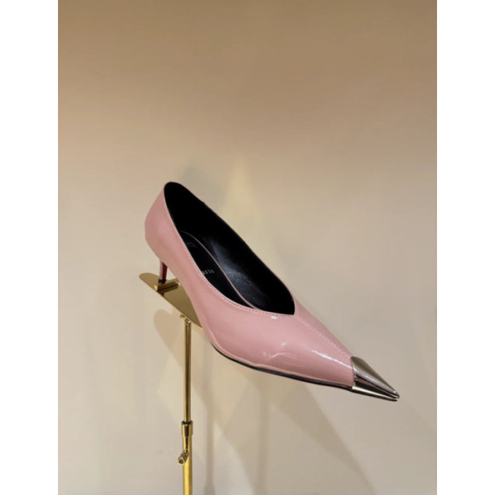 Christian Louboutin Pink Patent 55mm Metal‑Tip Pointed Toe Kitten Heel Pumps