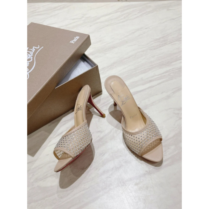 Christian Louboutin Beige Mesh Crystal‑Embellished 85mm Peep‑Toe Stiletto Heel Mules