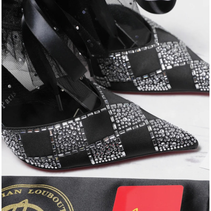 Christian Louboutin Black Satin Checkerboard Crystal Tulle Ruffle 100mm Stiletto Heel Pumps