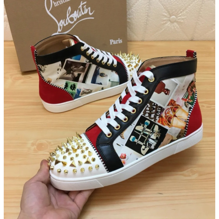 Christian Louboutin Printed Canvas Spiked‑Toe High‑Top Sneakers