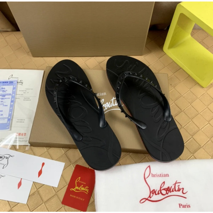 Christian Louboutin Black Embossed‑Logo Studded Flip‑Flop Sandals