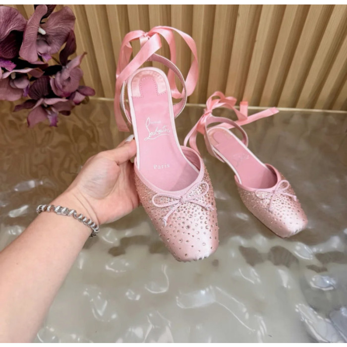 Christian Louboutin Pink Satin Crystal‑Embellished Ankle‑Tie Ballet Flats