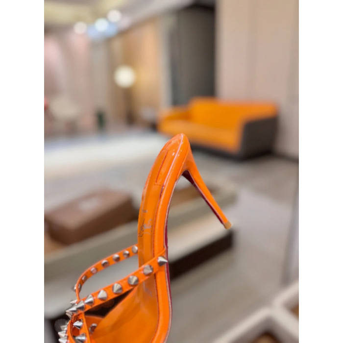 Christian Louboutin Orange Patent Leather 100mm heel Silver‑Spiked Mule High‑Heel Sandals