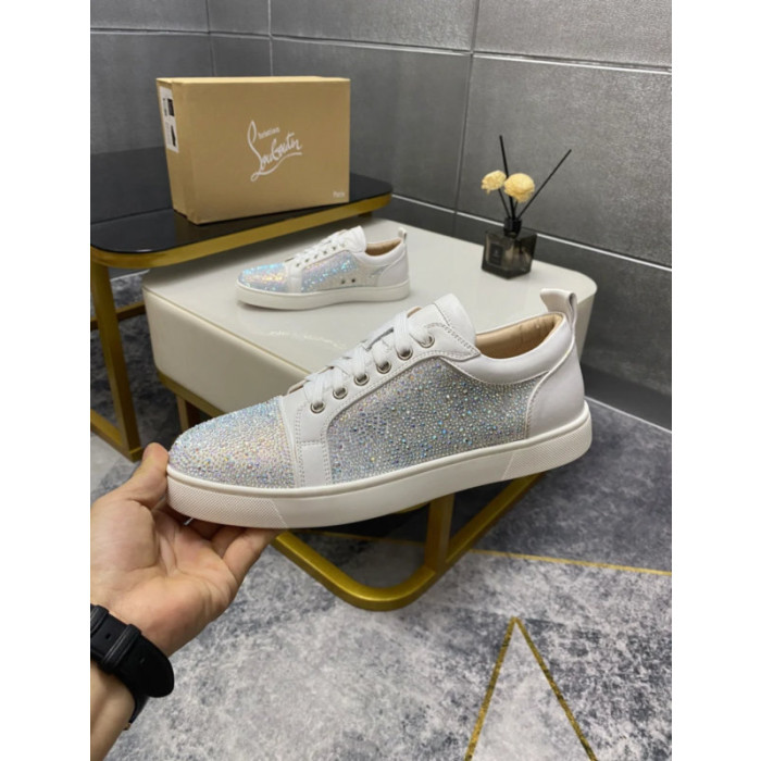 Christian Louboutin White Leather AB Crystal‑Encrusted Low‑Top Sneakers