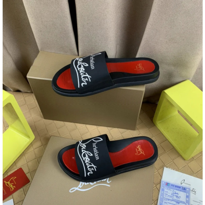 Christian Louboutin Black Rubber Slide Sandals White Signature Logo Print