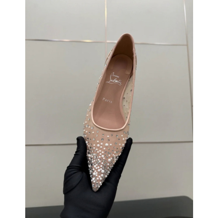 Christian Louboutin Pink Mesh Crystal Pearl Pointed‑Toe Flat Pumps