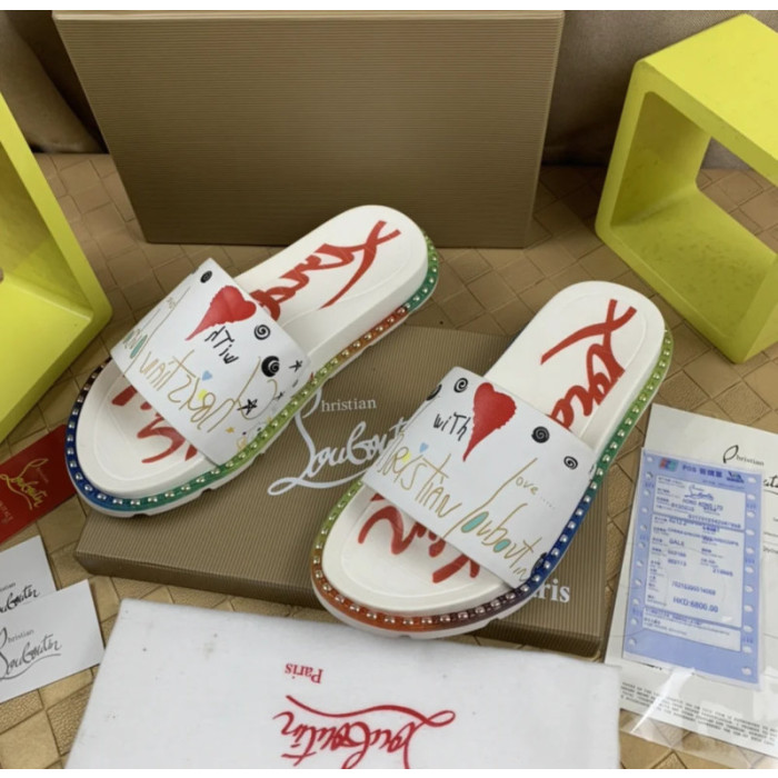 Christian Louboutin White Heart‑Graffiti Print Slides Rainbow Crystal‑Trimmed Sole
