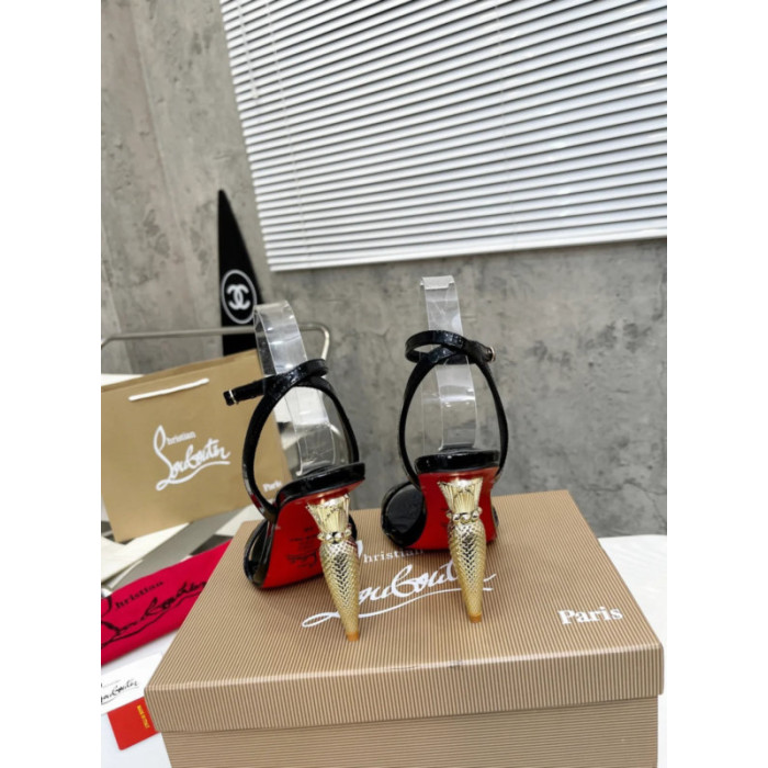 Christian Louboutin Black Patent Leather 100mm heel Ankle Strap Sandals