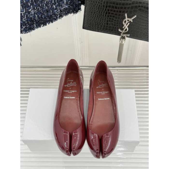 Christian Louboutin × Maison Margiela Burgundy Patent Tabi Split‑Toe Flat Shoes