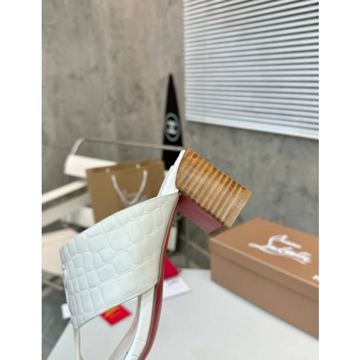 Christian Louboutin White Croc‑Embossed 70mm Block Heel Thong Mule Sandals