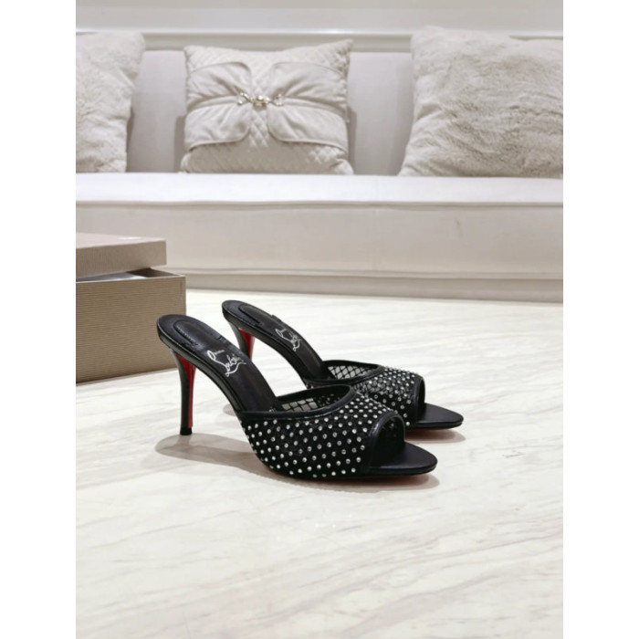 Christian Louboutin Black Mesh 85mm Crystal‑Embellished Peep‑Toe Slide Stiletto Heel Mules