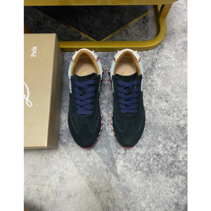 Christian Louboutin Navy‑Light‑Blue Suede Shark Tooth Sole Low‑Top Sneakers