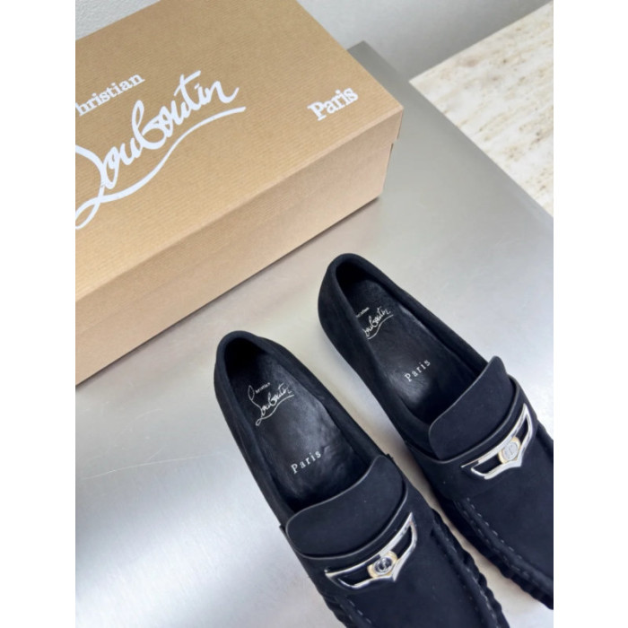 Christian Louboutin Black Suede Metal Ornament Slip‑On Loafers