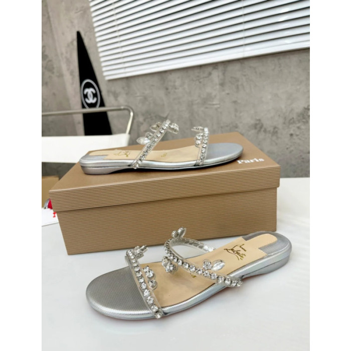 Christian Louboutin Silver Crystal Embellished Flat Slide Sandal