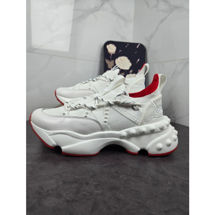 Christian Louboutin White Bubble‑Sole Lace‑Up Chunky Sneakers Red Inner Lining